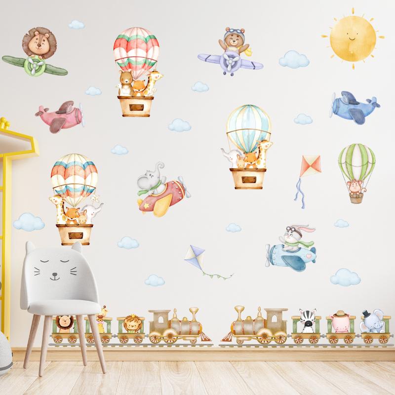 Children's Room Wall Stickers Cartoon Animals on Train Airplane Hot Air Balloon Wall Decals Baby Nursary Kindergarten Decoration