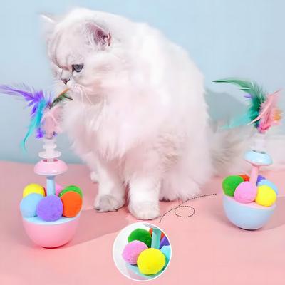 Wobbling Cat Toy Interactive Cat Teaser with Feathers Plush Balls Cat Enrichment Toy for Indoor Kittens Stimulates Hunting Instinct