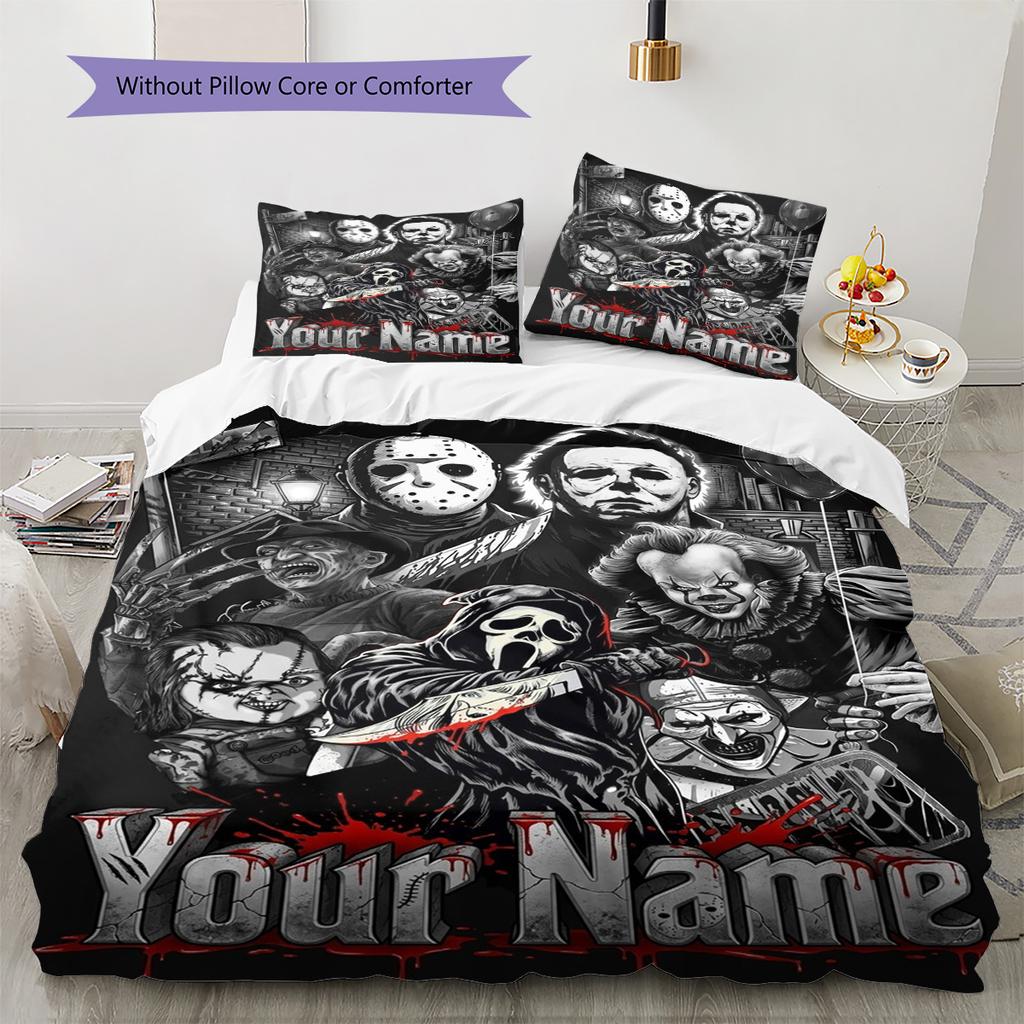 Name Custom Horror Themed Pattern Bedding Set Quilt Cover Pillowcase Home Decor Gift (1 * duvet cover + 2 * pillowcase, without core)