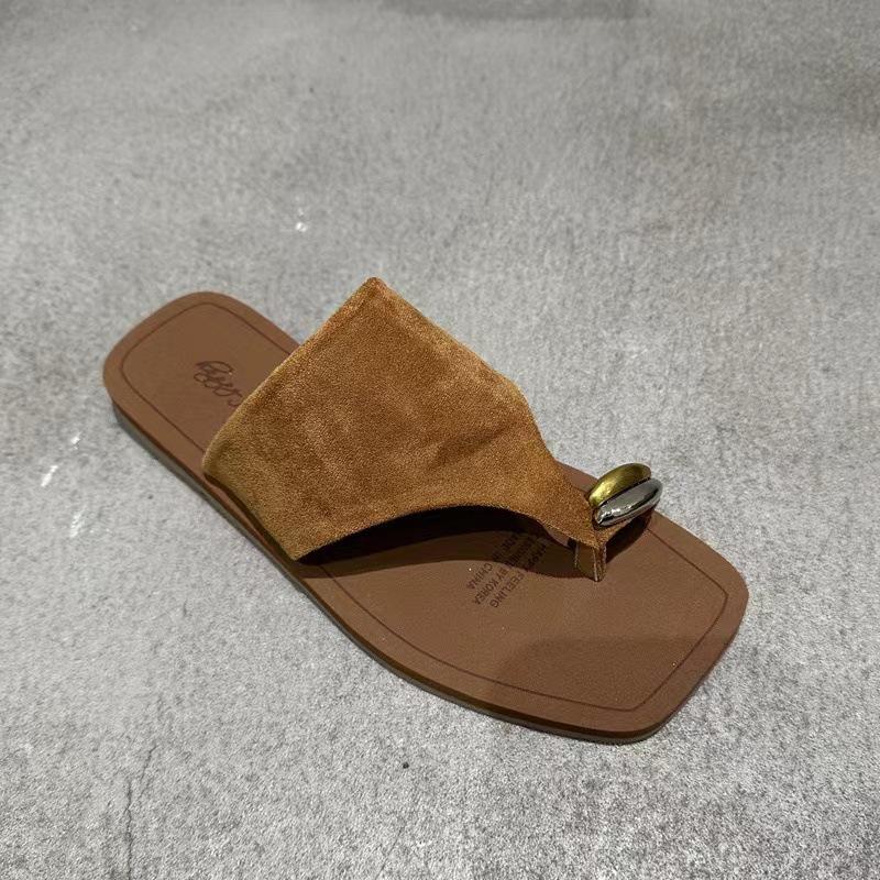 

Sheepskin version~ Korean version of simple metal sleeve toe flip-flops leather fashion casual wear beach flat bottom cool slippers 40