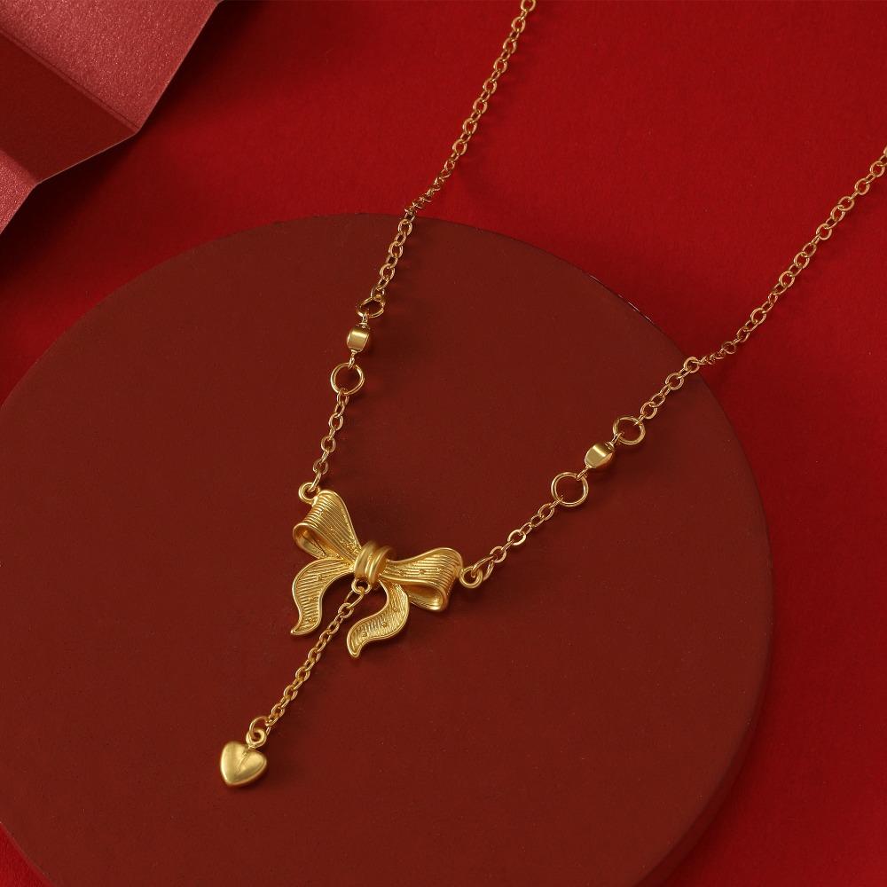 Fashion Sweet Gold Color Stainless Steel Bowknot Bracelet Necklace for Women Temperament Pearl Long Tassel Princess Jewelry Sets