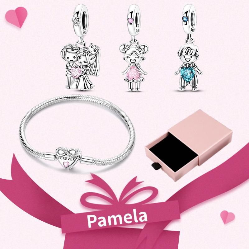 Pink Heart Charm Set 925 Original Silver Charms Bracelet With Gift Box For Women Wedding Anniversary Jewelry Gift 4pcs/lot