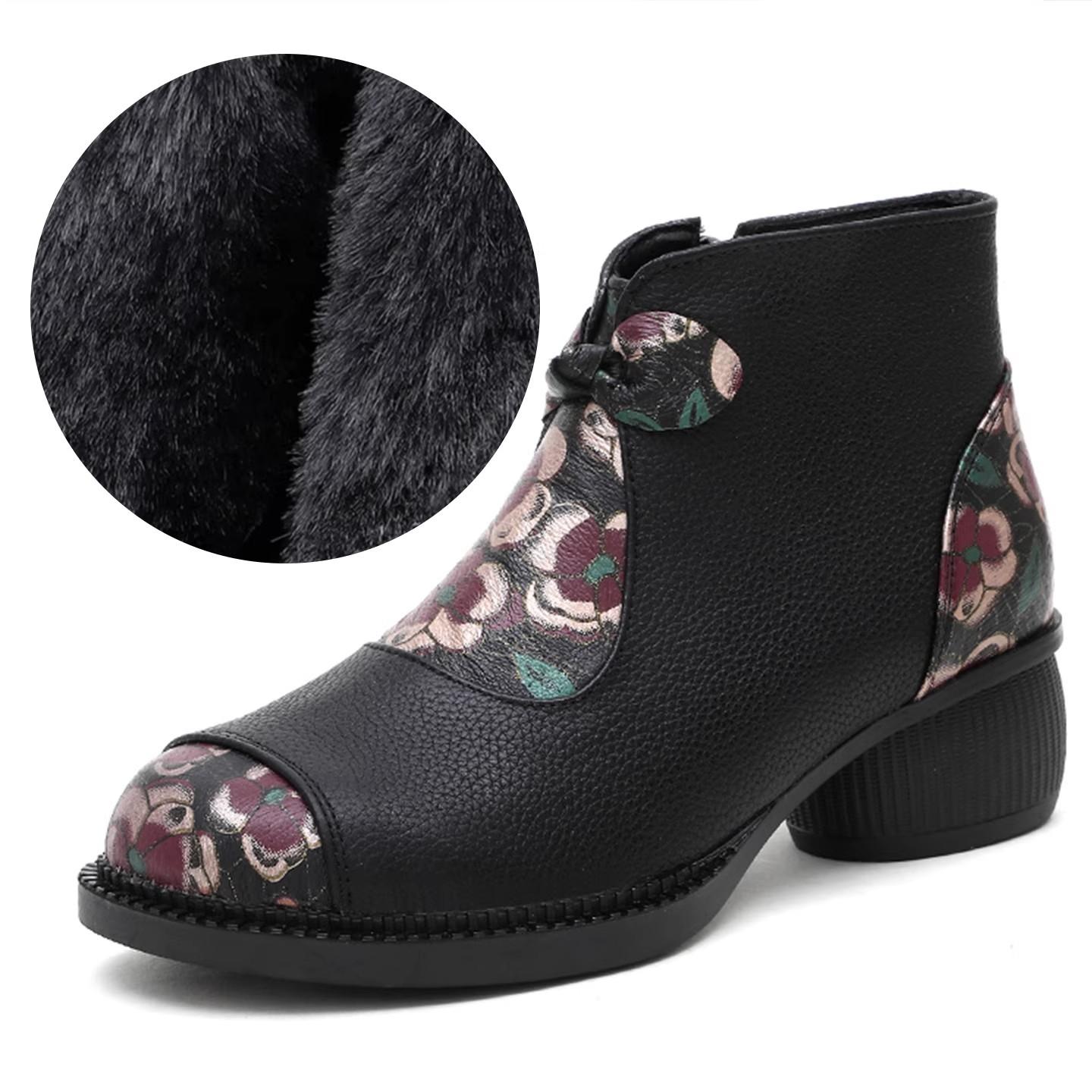 

GKTINOO Этнический стиль Туфли для мамы Натуральная кожа Женские короткие ботинки 2025 Осень Зима Круглый носок Мягкая подошва Толстый каблук Ботинки 43