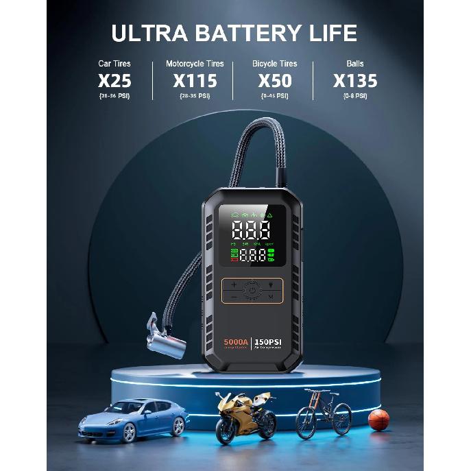 5000A 150PSI Car Jump Starter with Air Compressor Auto Tire Inflator, Large LCD Display, LED Light, for Cars, Bike & Motorcycle