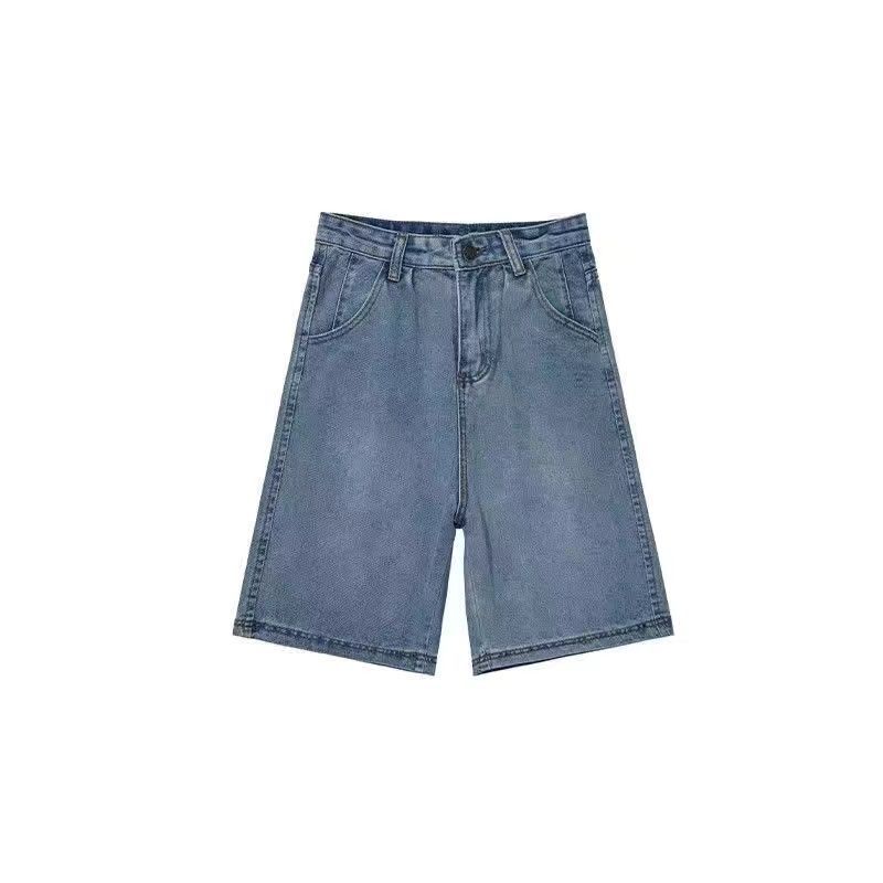 Pantaloni scurți din denim pentru femei, talie înaltă, vintage, spălate, drepte, picior lat, culoare pură, cu buton, închidere cu fermoar, îmbrăcăminte de stradă, până la genunchi, pantaloni scurti, mai mari.