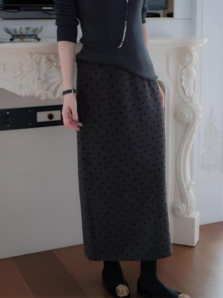 Элегантная шерстяная в рубчик велюровая юбка в горошек с разрезом S