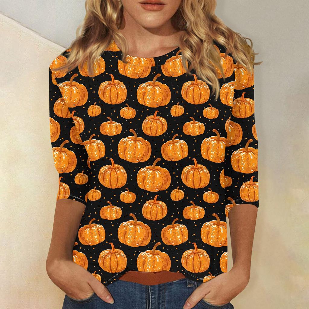 Women's Fashion Casual Three-quarter Sleeve Halloween Printed Round Neck Top