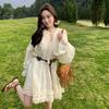 A sweet peach lantern sleeve dress, women's atmosphere, wearing temperament, spring and autumn women's short skirt Sa