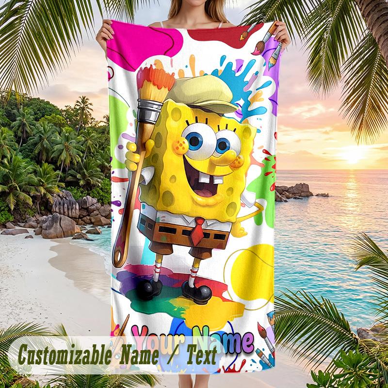 SpongeBob Beach Towel, Personalized Custom Text, Quick Dry Soft Large Towel For Swimming Pool Travel