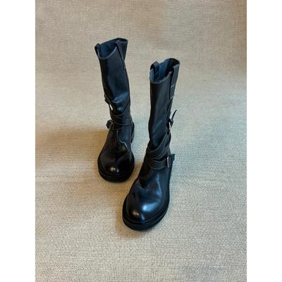 Rindslederversion~ Retro Gürtelschnalle Mid-Boots Western Cowboy Stiefel Slim Dicksohlige Fried Street Boots Damen Ritterstiefel