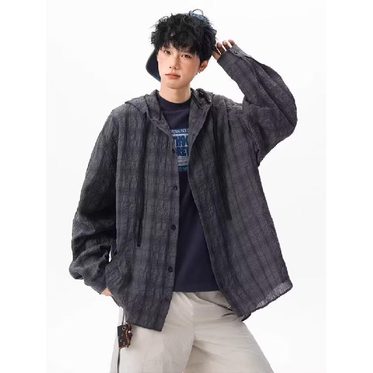 American Style Plaid Sun Protection Hooded Shirt for Men and Women 2025 Summer Lazy Style Sun Protection Shirt Couple Long Sleeve Thin Jacket