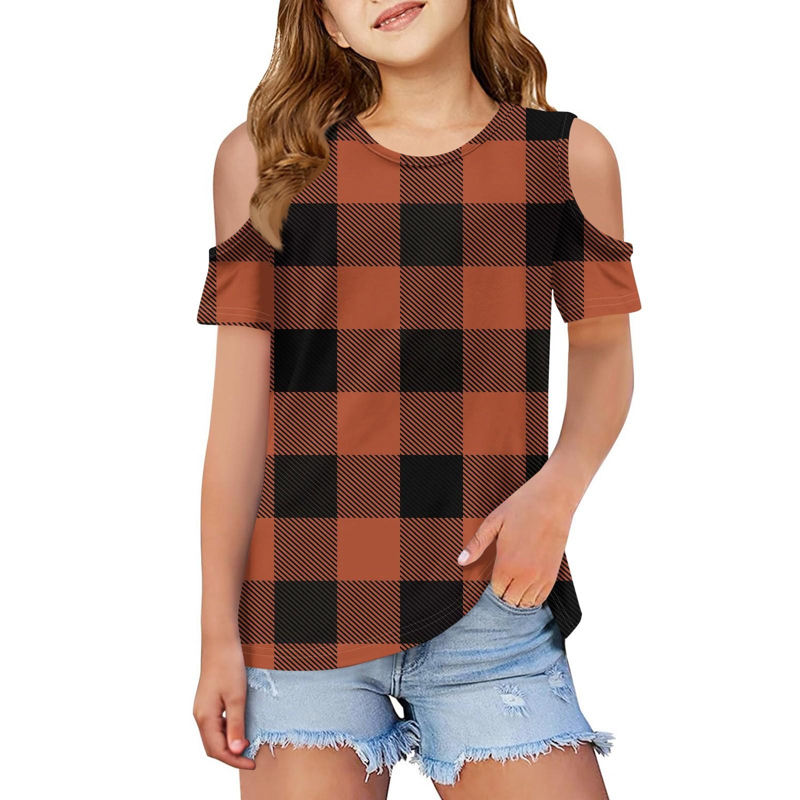 

Летняя детская модная футболка с открытыми плечами и круглым вырезом в клетку 130