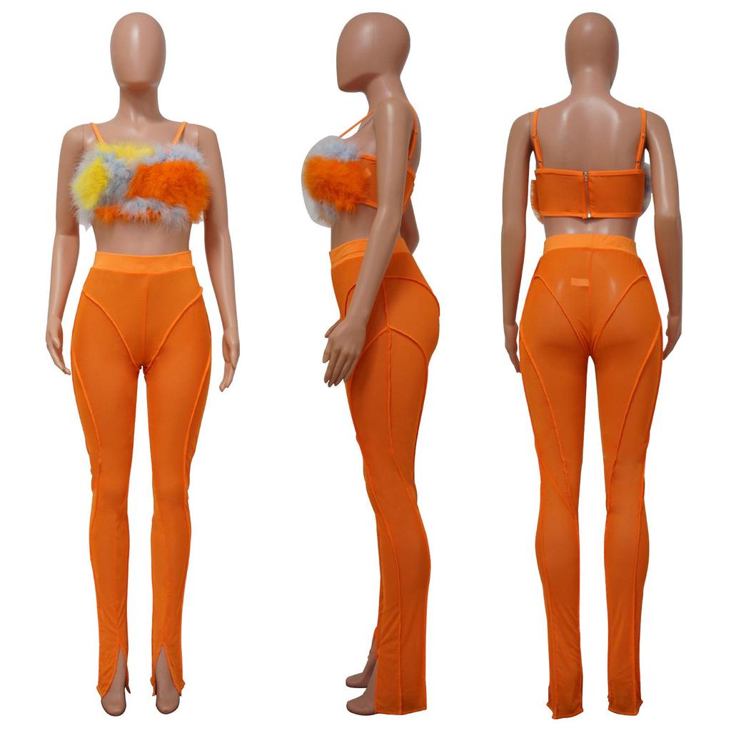 K10179 Women's Summer Sexy Nightclub Feather Camisole and Pants Two-Piece Set