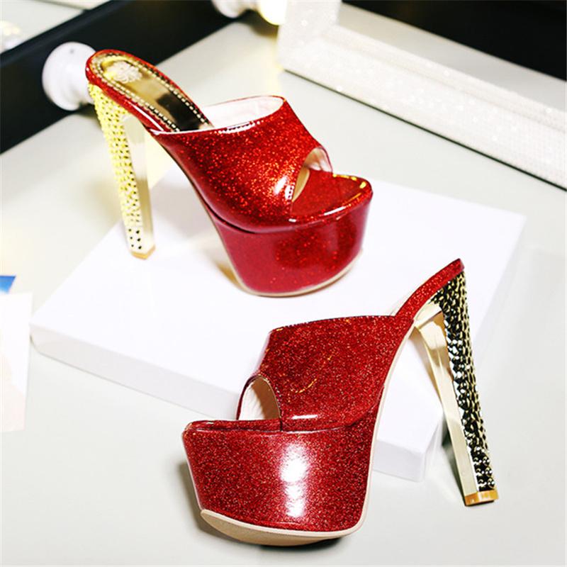 Sexy Slippers Women Summer Shoes Outdoor High Heels Platform Mules Ladies Luxury Designer Patent Golded Silver Sandals Lades