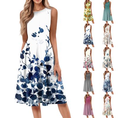 Women's Casual Fashion Round Neck Sleeveless Print Midi Dress