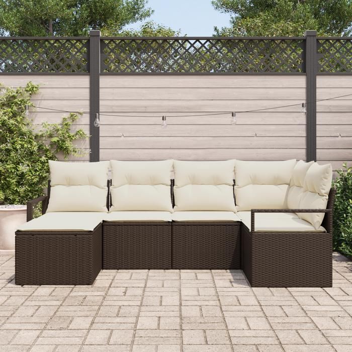 Ensemble de canapé de jardin vidaXL 6 pièces avec coussins Marron Rotin poly, Canapé de jardin vidaXL 2 places 3355117