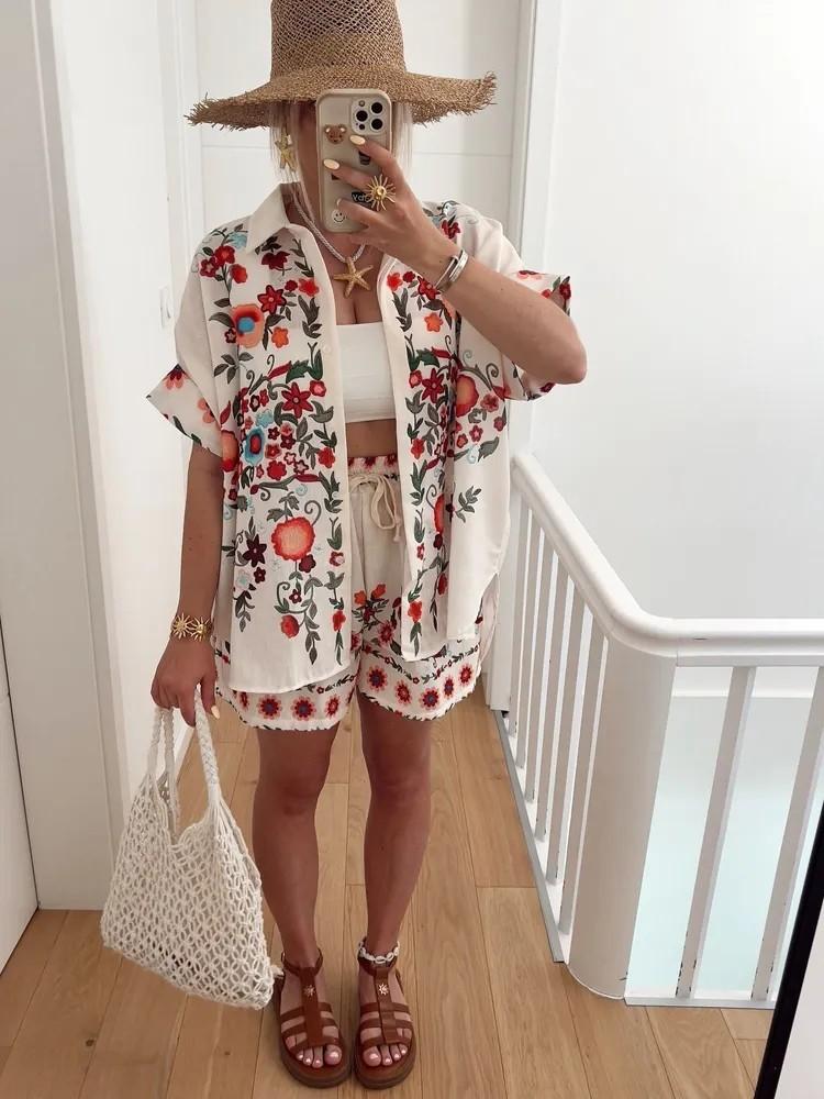 Europe, America, Cross-border 2025  Amazon Independent Station Bohemian Casual Fashion Linen Shirt Set S