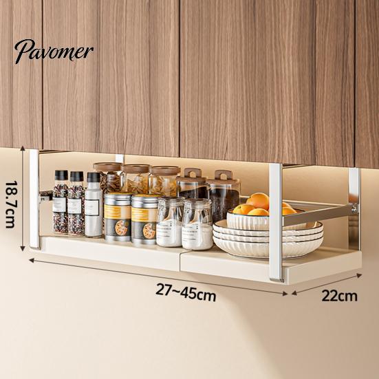 Expandable under Shelf Storage Rack Punch-free Hanging Slide-in Cabinet Organizer Stainless Carbon Steel Kitchen Pantry Countertop Spice Holder