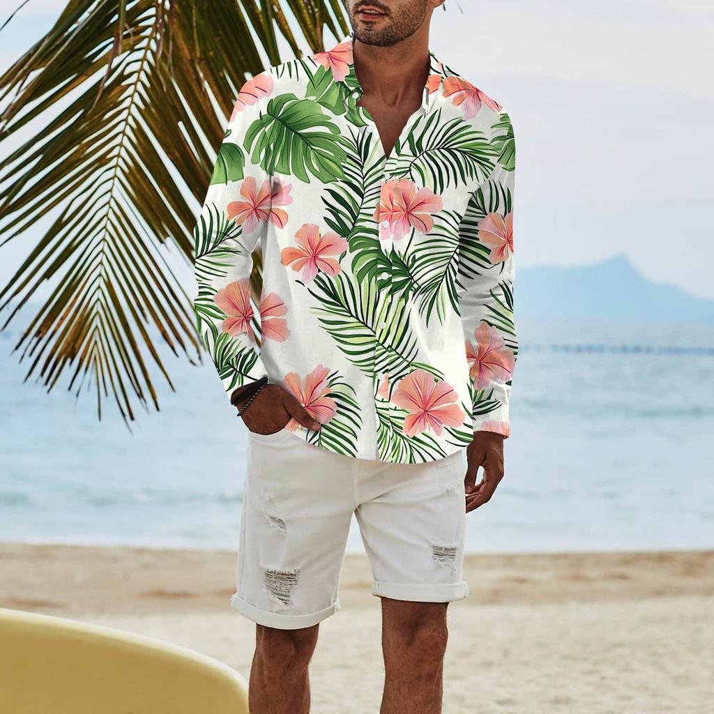 Mote Langermet Trykket Casual T-skjorte med Knapper Regular Fit Skjorte Topp for Menn