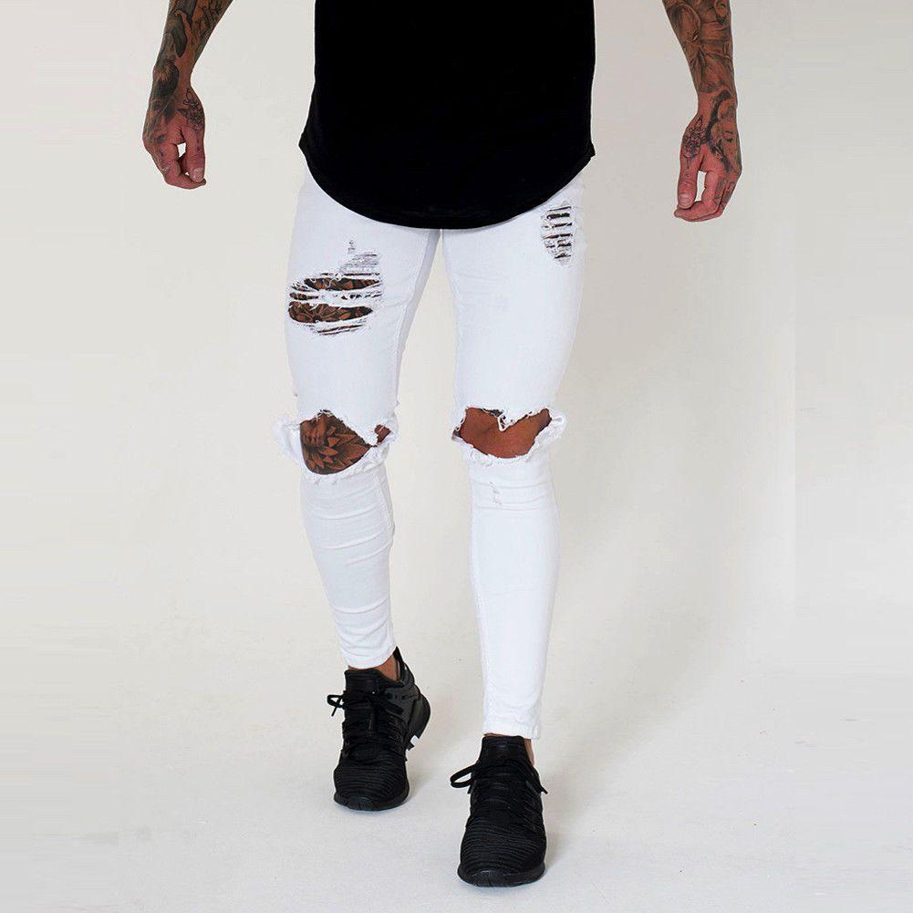 Premium Quality Slim Destroyed Stretchy Ripped Skinny Biker Jeans For Men Taped Fit Denim Pants