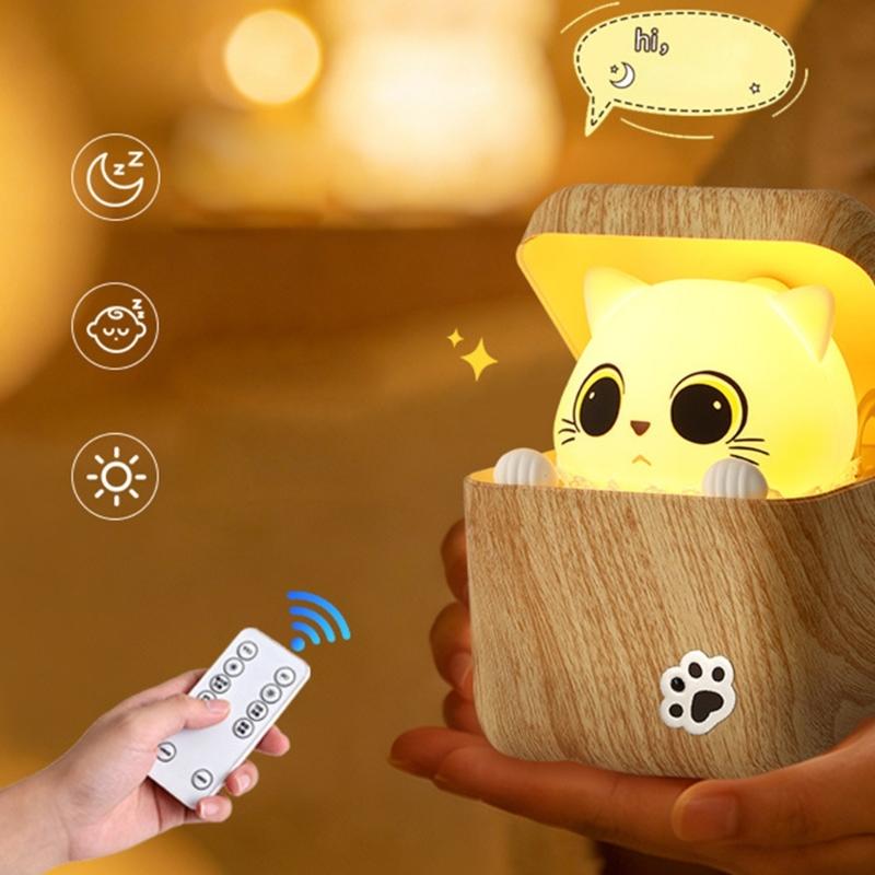 Intelligent Night Light with Shy Cats Design and Adjustable Brightness Eye Caring Bedside Lamp Suitable for Kids Room
