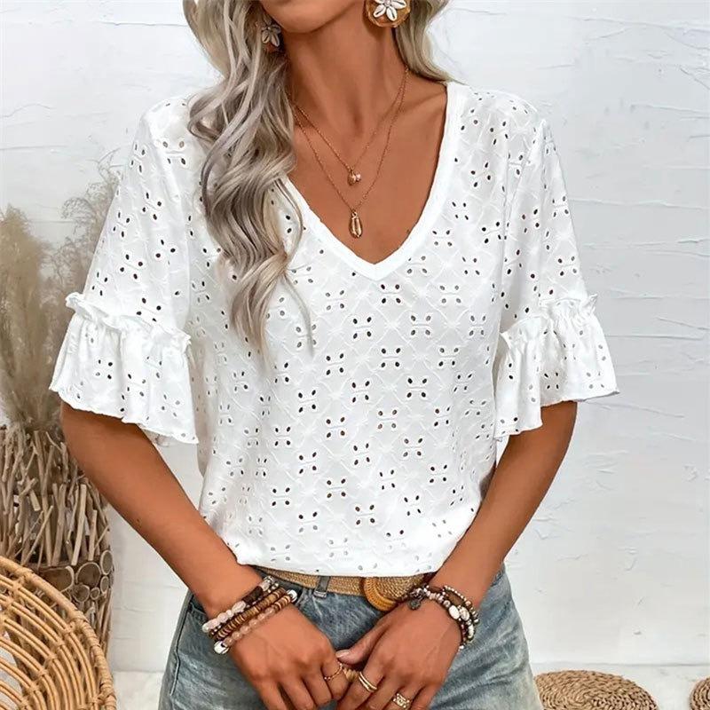 Women's Knitted Embroidered Hollow Ruffle V-neck Short-sleeved Tops Women's T-shirts Women's Spring and Autumn