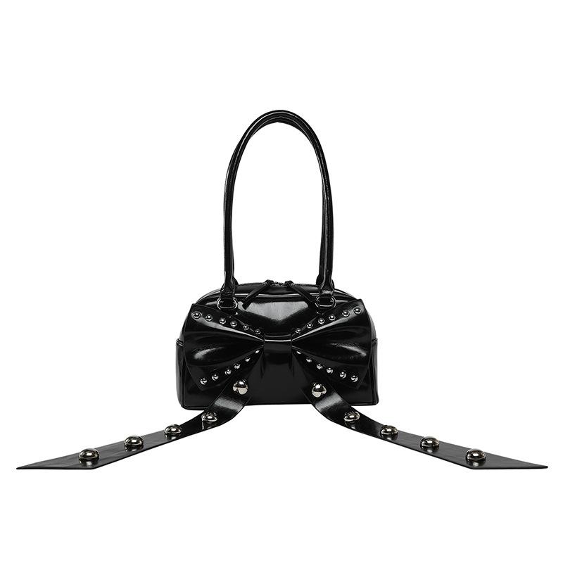 

Women s bag 2025 new rivet personalized locomotive armpit bag sweet cool babes cute bow shoulder bag tide чёрный