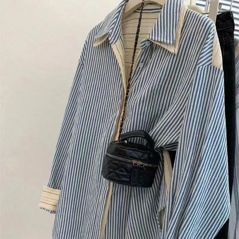 Spring and Autumn New Striped Fake Two-piece Shirt for Women Korean High-end Loose Casual Long-sleeved Shirt Top