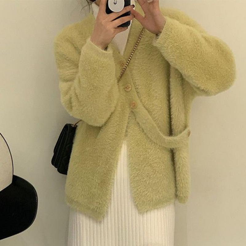 Women's Mid-Length Mink Cashmere V-Neck Cardigan Coat with Irregular Hem - Perfect for Autumn and Winter