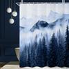 Mountain Shower Curtain, Navy Blue Misty Forest Shower Curtain Set Waterproof Nature Scenery Bathroom Decor with Hooks, 72x72 Inch