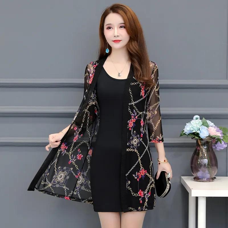 Damen Mittellang Große Größe Sonnenschutz Cardigan Tops Mantel Damen Sommer Spitze Druck Dünne Sonne Sonnencreme Jacke