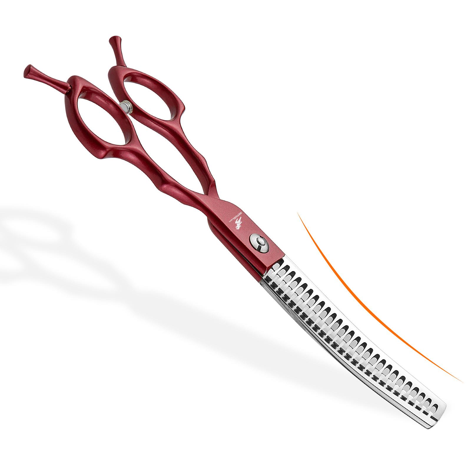 6.5-Inch Meideng Handle, Semi-Red Fishbone Curved Tooth Scissors, Curved Scissors, Pet Trimming Scissors, Thin Scissors, Curved Teeth. 6.5inch half red fishbone curved teeth