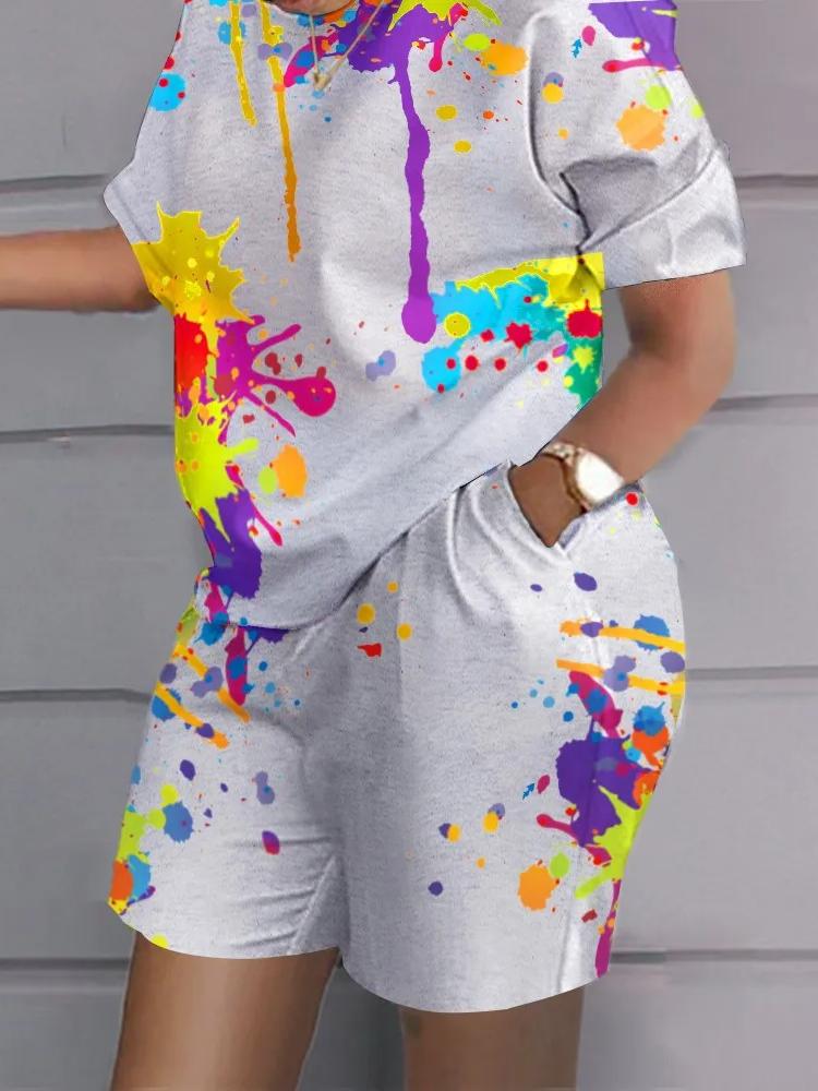 Casual Top & Shorts Set Sets Casual Short Sleeve Tshirt Outfit Women Summer Gradient 3D Print Pocket Short Sets Suit Female T Shirt Shorts