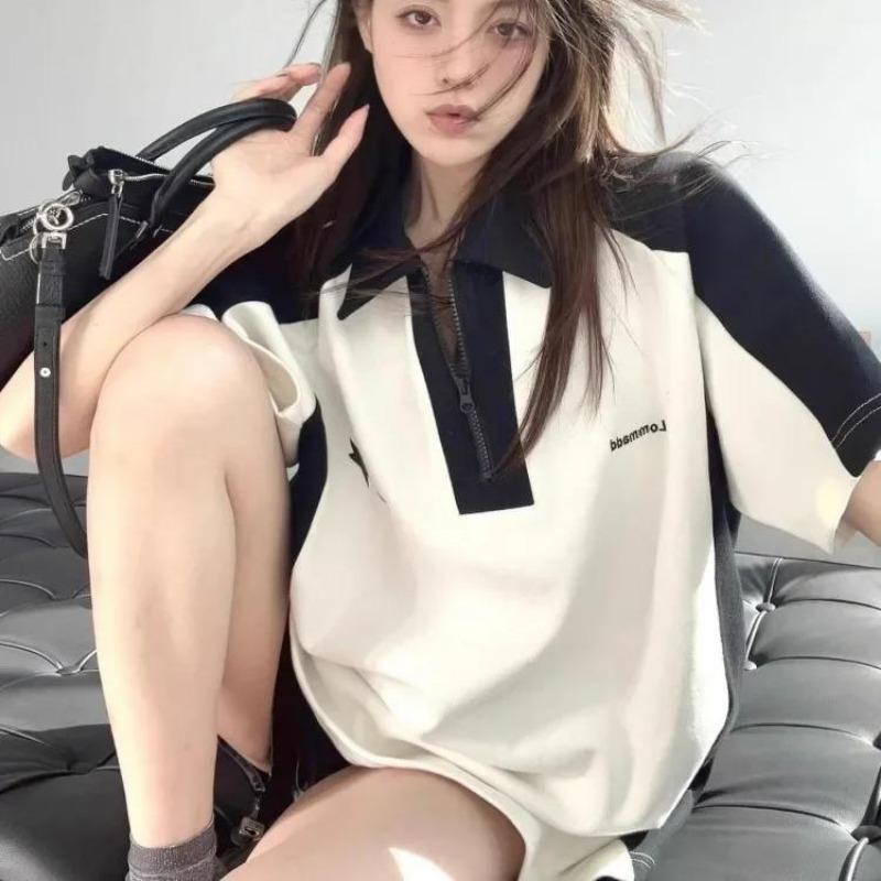 2KWEIRD Koreanischer Y2k-Reißverschluss T-Shirt Vintage Lässig Kpop Mode Sommer Grunge Übergroße Weiße T-Shirts Locker Kurzärmeliges Oberteil