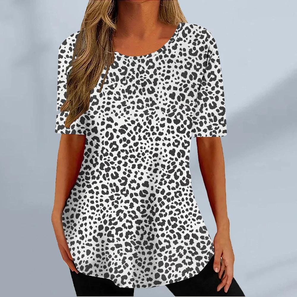 Summer Round Neck 3D Leopard Pattern Print Top Fashionable Casual Short Sleeved Women's T-shirts