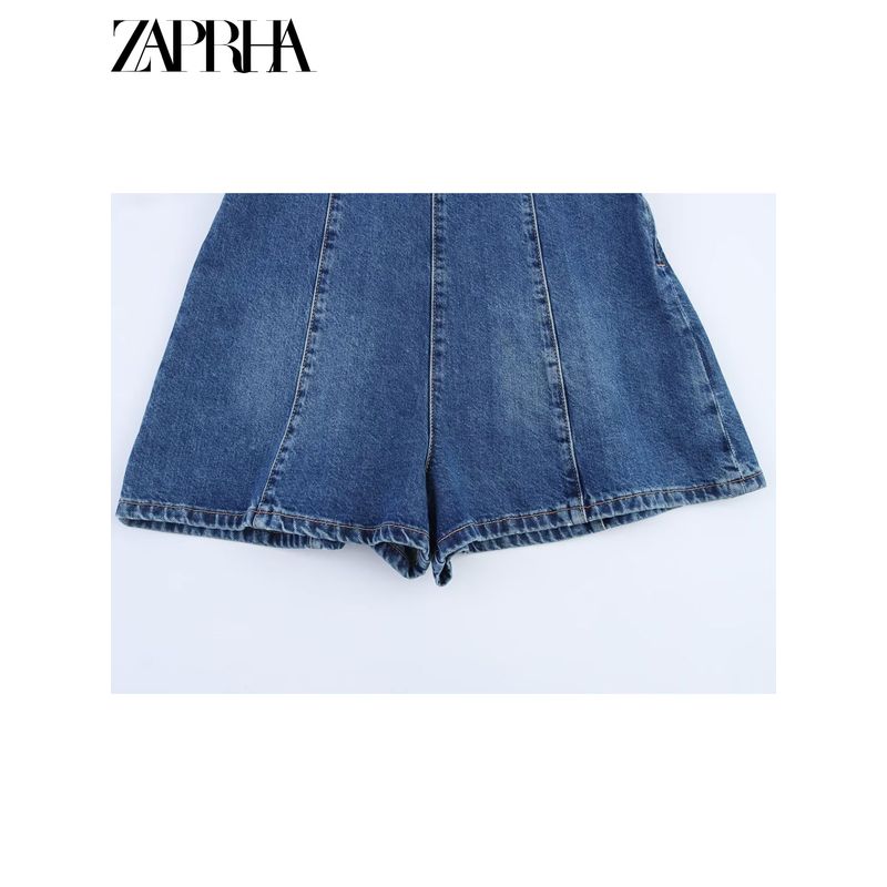 Zaprha 2025 New Arrival Hanging Collar Denim Open Back Jumpsuit Women's Waist-Tight Slimming and Wide Leg Shorts 4356084