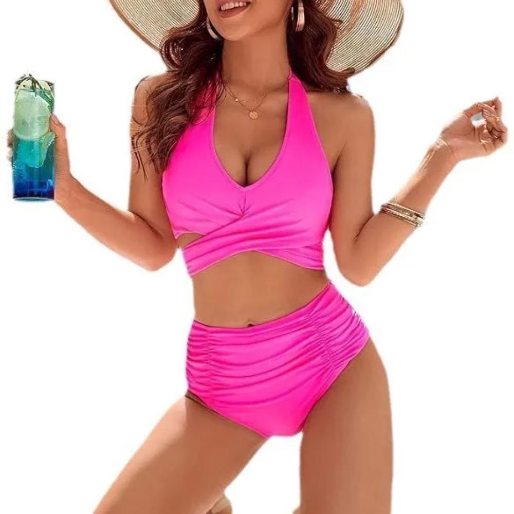 2025 New European Beautiful Women's Belly Swimsuit Moderate High Waist Bikini Suit Cute Neck Swimsuit