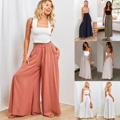 Primavera Verão 2025 Novas Calças Largas Femininas Cós Elástico Saia Longa de Cintura Alta Wide Leg