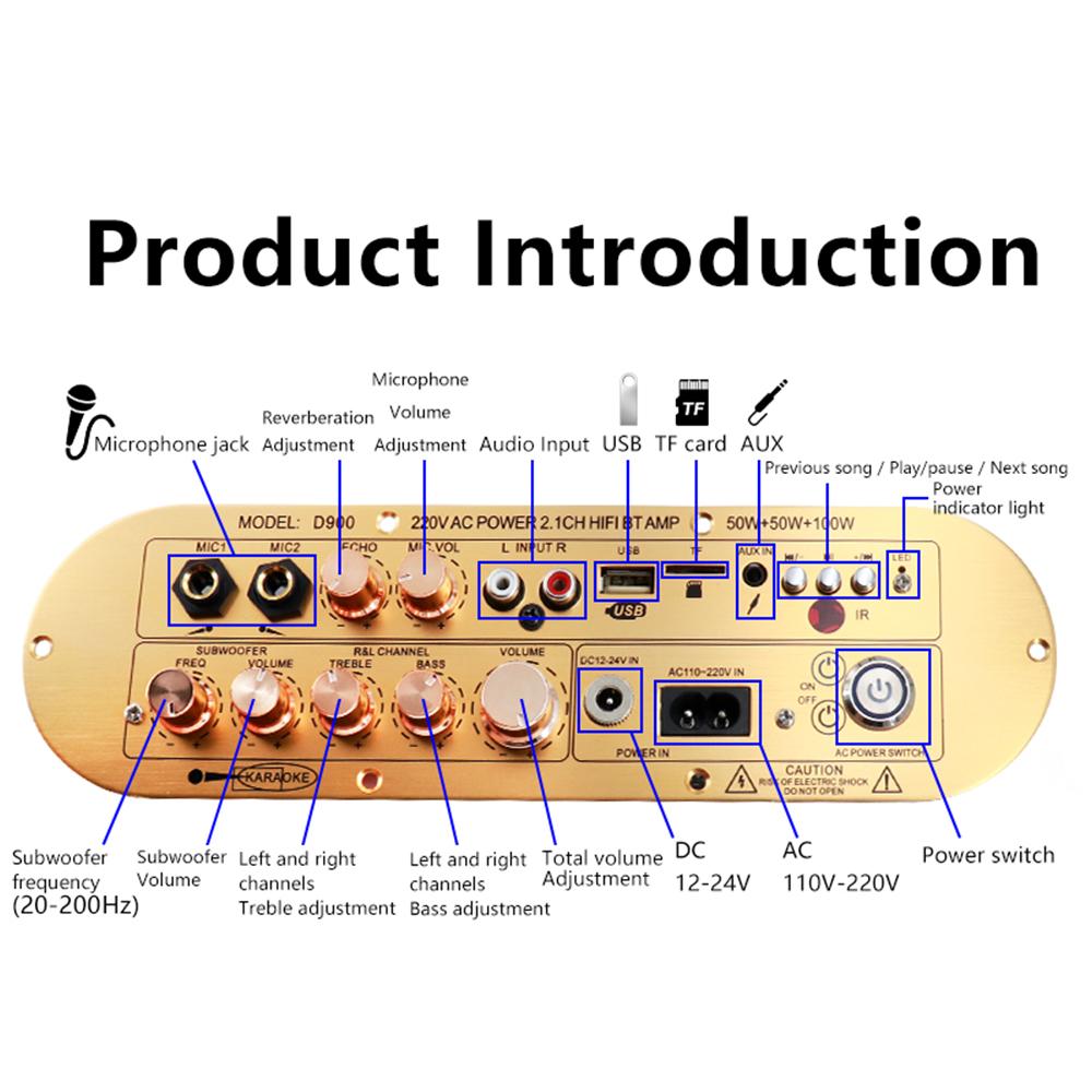 D900 2.1 Channel Bluetooth Amplifier Board High Power Subwoofer Digital Amp for Home Use DC 12-24V AC 110-220V 50W+50W+100W