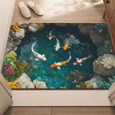 2D Koi Fish Pond Door Mat Carp Entrance Rug Water Pool Visual Illusion Non-Slip Indoor Welcome Mat Garden Hallway Floor Decor