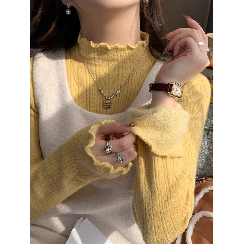 

White bottomed shirt for women s new autumn and winter with high-end semi-turtleneck sweater with fungus edge knitted sweater top One size fits all [recommended 80-60kg]