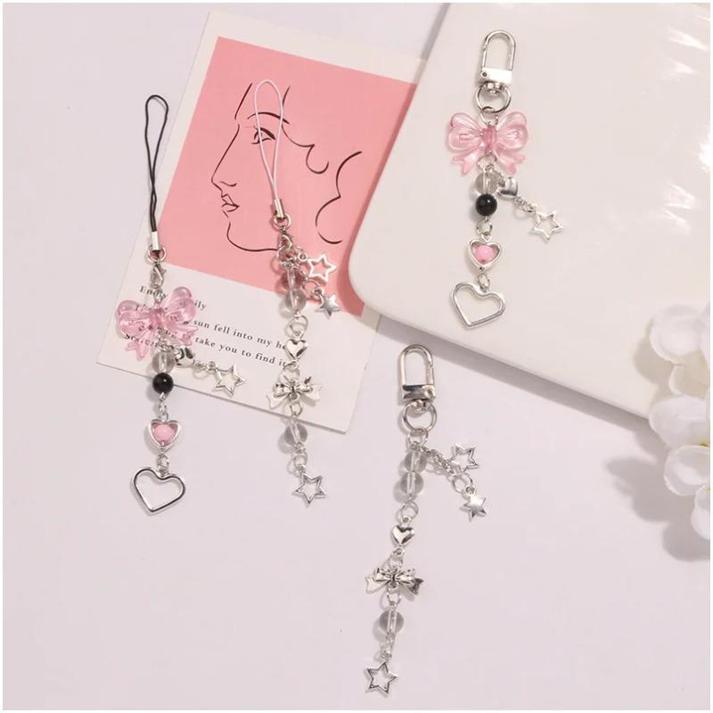 Phone Charm Pink Silve Bow Heart Star Keychain Pendant Key Chain Bag Phone Chain Cute Accessory for Girls Women Jewelry