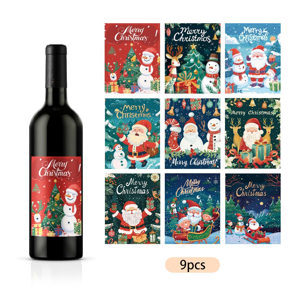 9pcs Christmas Decoration Wine Bottle Waterproof Stickers 5x3.93inch Christmas Wine Label, Christmas Party Decoration