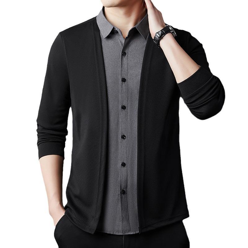 Spring Men's Two-in-One Shirt Sweater Cardigan Knitted Pullover