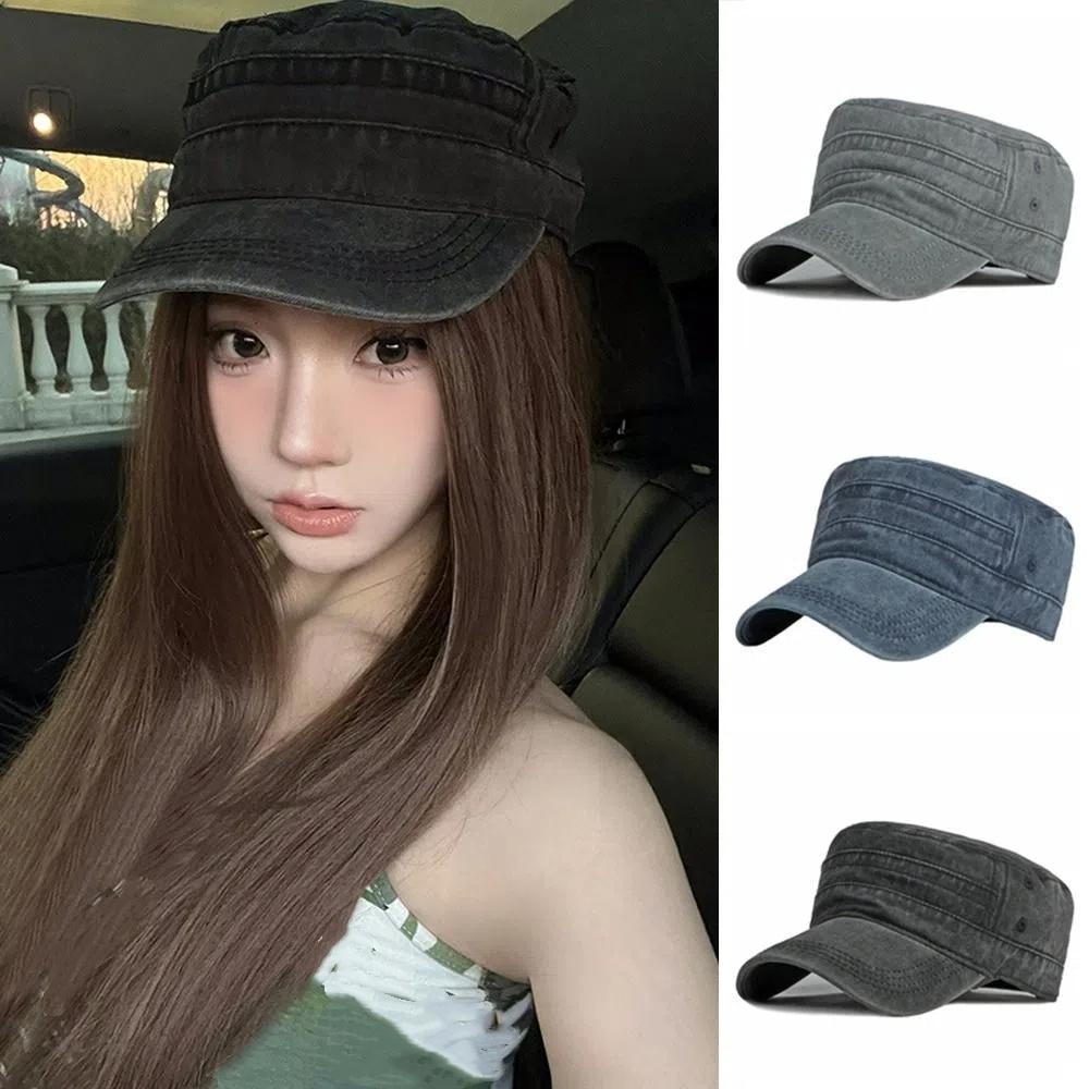 Y2k Flat Top Hat Washed Cotton Visor Hat Casual Cadet Cap  Unisex