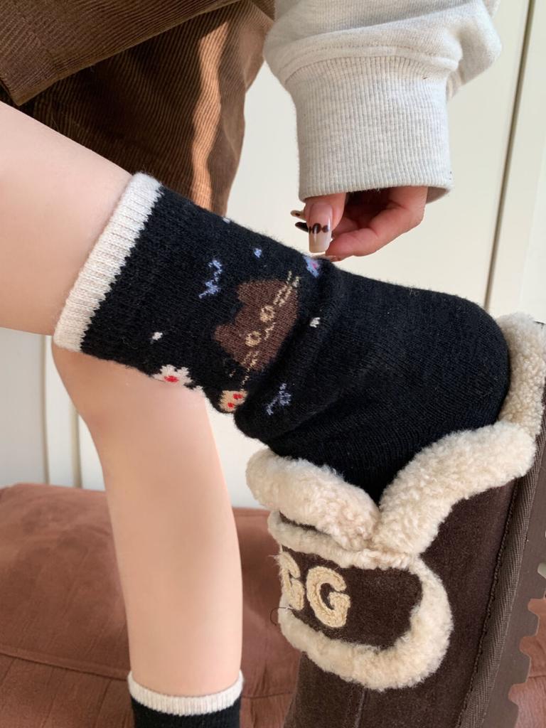 Socks Tide Cute Embroidered Bear Wool Warm Medium Tube Socks Stacking Socks