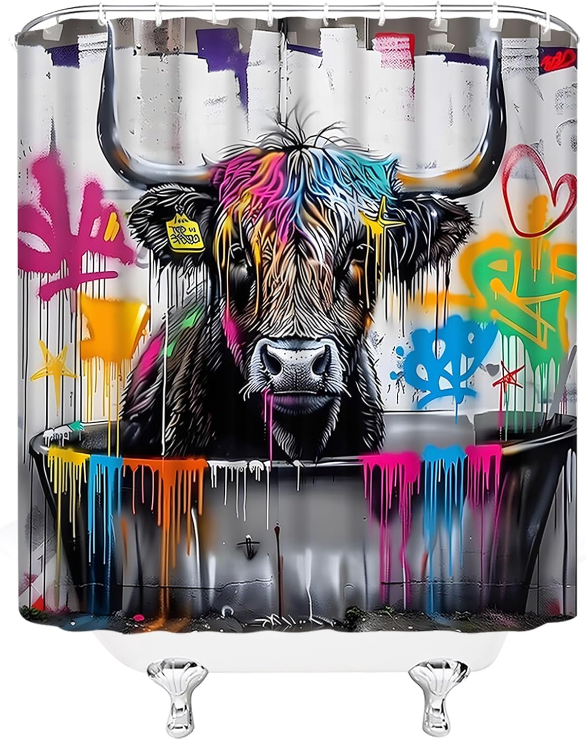 

Highland Cow Shower Curtain, Farmhouse Animal Longhorn Abstract Graffiti Cattle Funny Bathroom Decor, Waterproof Fabric W60H190(CM)-1 Pcs