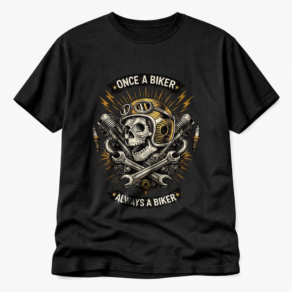 Once A Biker Always A Biker T-Shirt Skull Motorcycle Engine Rider Tee