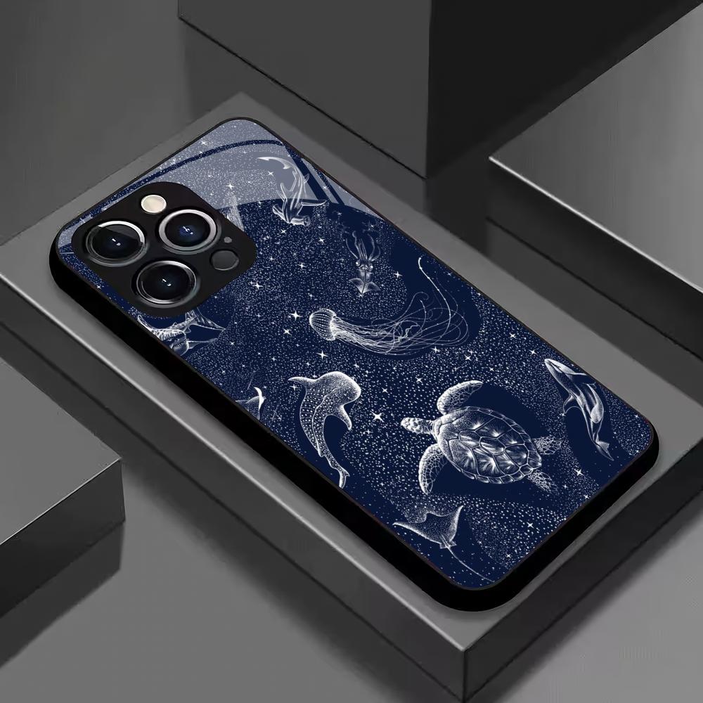 Turtle Dolphin Pattern Tempered Glass Phone Case Suitable for iPhone 17 16 15 14 13 12 11 Pro Max Plus Shockproof Back Cover