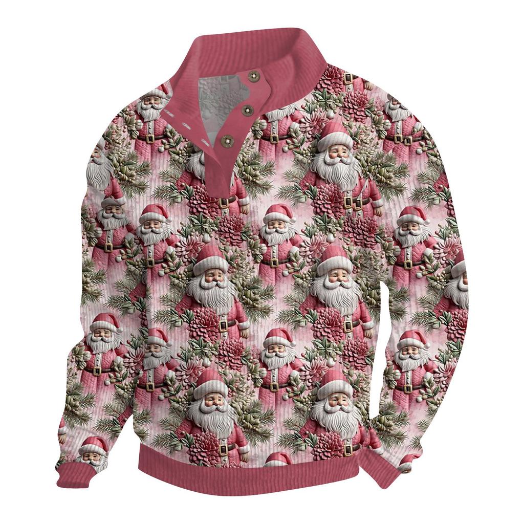 Men's Christmas Cotton Pullover Long Sleeve Outdoor Shirt Vintage Corduroy Button Stand Collar Shirt Casual Sweatshirt Christmas Print Top
